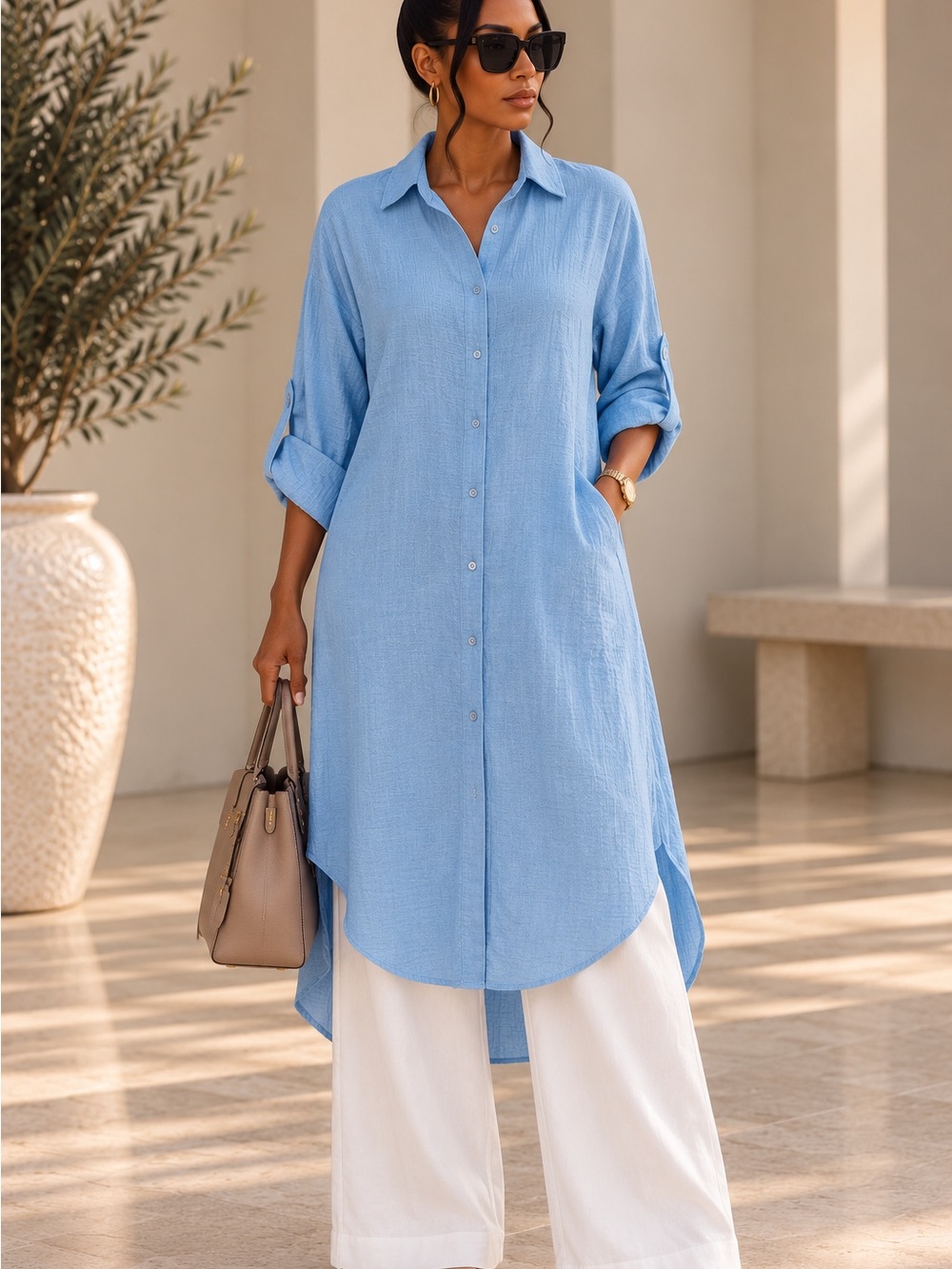 Light Blue Long Button-Front Tunic Shirt